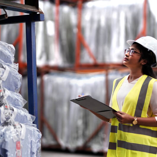 A worker performing a warehouse survey, with a clipboard in hand